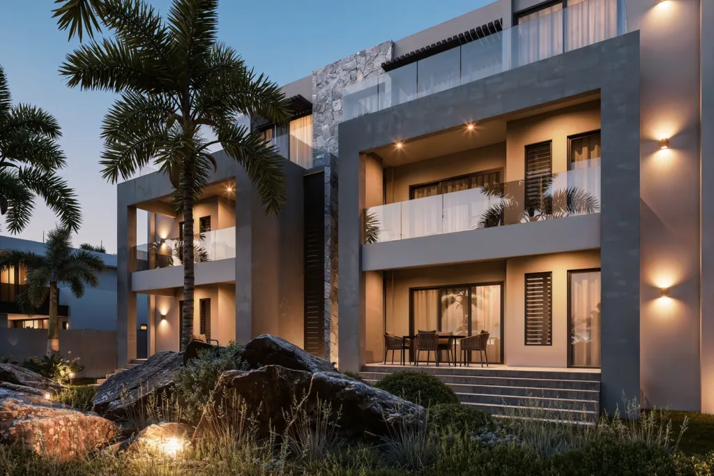 Façade et terrasses de la résidence River Edge de nuit, Tamarin, île Maurice (illustration)