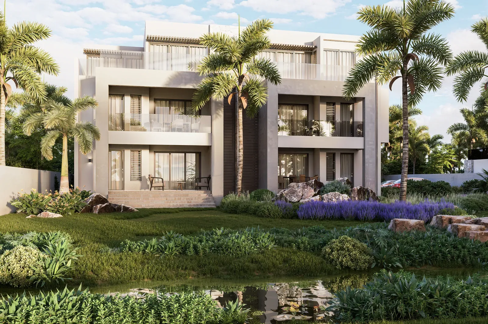 La résidence River Edge et son jardin, appartements neufs à Tamarin, île Maurice (illustration)