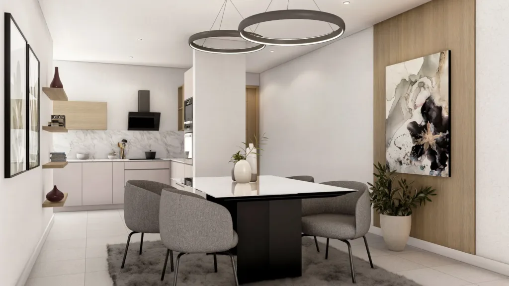 Cuisine et salle à manger d’un appartement, résidence Vantage, île Maurice (illustration)