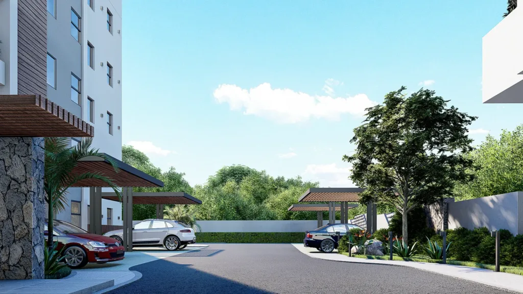 Entrée et parkings de la résidence Vantage, Beau Bassin, île Maurice (illustration)