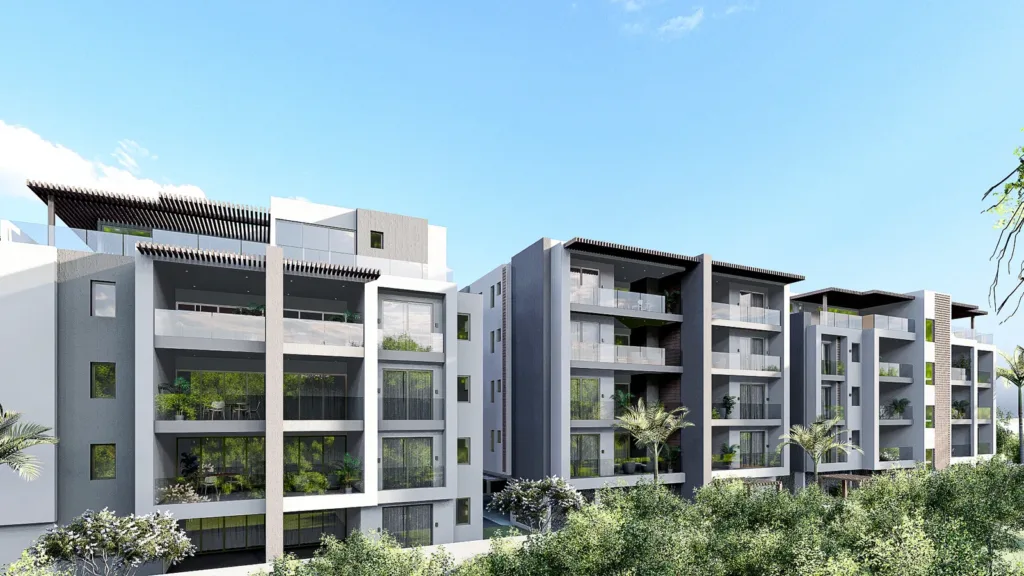 Façade et balcons des étages de la résidence Vantage, Beau Bassin, île Maurice (illustration)