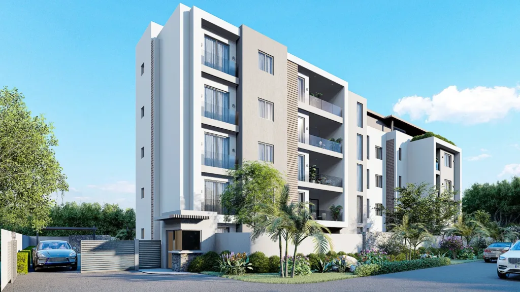 Un bloc de la résidence Vantage vu de la rue, Beau Bassin, île Maurice (illustration)