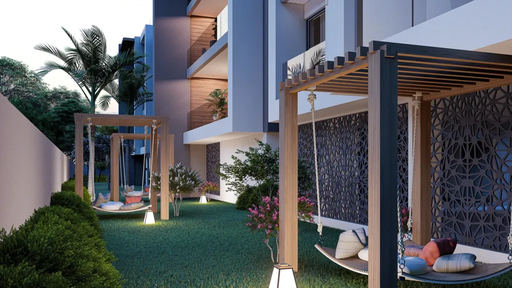 Jardin commun et pergola de la résidence Vantage de nuit, île Maurice (illustration)