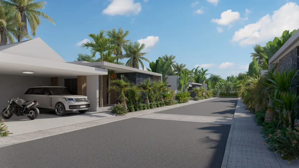 Landscaped residential lane between the Villa Mauricia villas, Grand Baie, Mauritius (illustration)