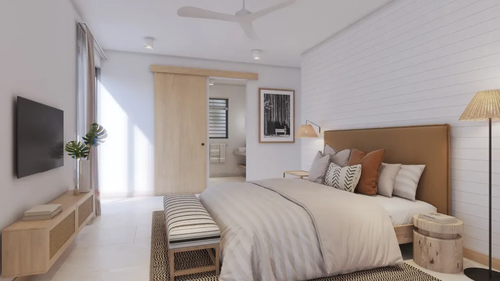 Bright master bedroom of a villa, Villa Mauricia, Grand Baie, Mauritius (illustration)