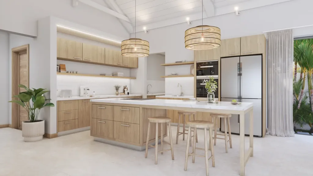 Open kitchen with a central island in a villa, Villa Mauricia, Mauritius (illustration)