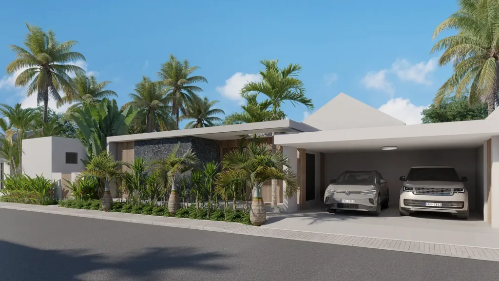 Front elevation of a villa with a carport for two vehicles, Villa Mauricia, Grand Baie, Mauritius (illustration)