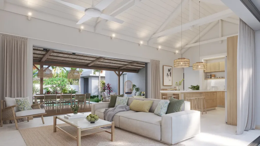Living room under exposed beams opening onto the veranda, Villa Mauricia, Mauritius (illustration)