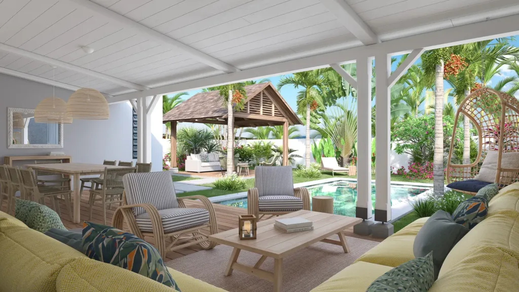 Covered terrace, pavilion and pool of a large villa, Villa Mauricia, Mauritius (illustration)