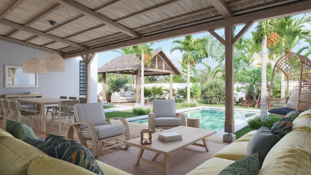 Veranda opening onto the pool of a three-bedroom villa, Villa Mauricia, Mauritius (illustration)