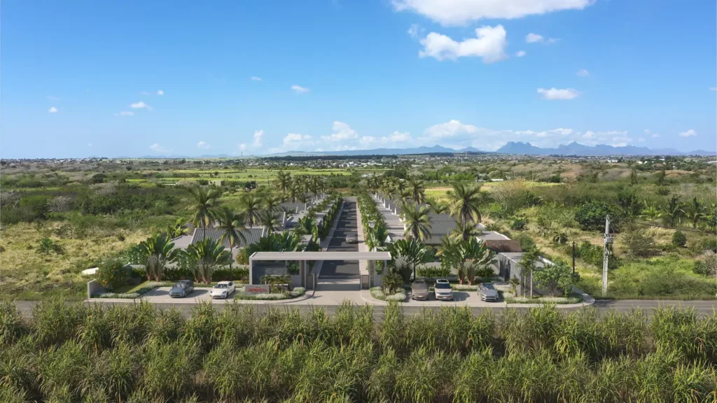 Aerial view of the Villa Mauricia estate, its villas and the sugar cane fields of northern Mauritius (illustration)