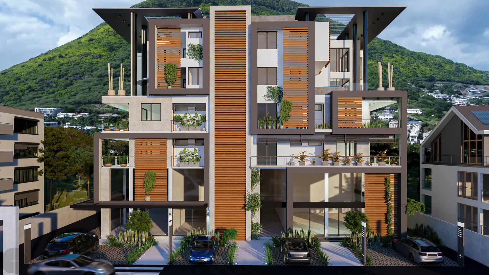 Façade de l’immeuble West Bay, appartements et penthouses neufs à La Preneuse, île Maurice (illustration)