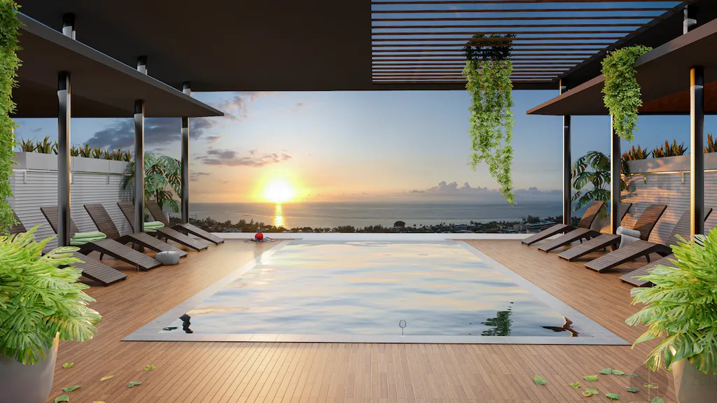 Piscine sur le toit de l’immeuble West Bay au coucher du soleil, La Preneuse, île Maurice (illustration)