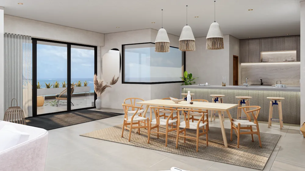 Séjour et cuisine ouverts sur la terrasse, West Bay, La Preneuse, île Maurice (illustration)