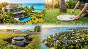Montage : villa avec piscine face au lagon, regard de fosse septique inspecté dans un jardin, regard de raccordement au bord d’une route et quartier de villas en bord de mer