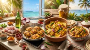 Vindaye de poisson mauricien : cubes de poisson frits à la poêle, épices, puis poisson au curcuma avec oignons et piments verts, riz et farata