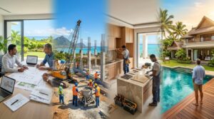 Contractor and architect reviewing renovation plans on a construction site in Mauritius