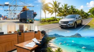 Collage: a container being unloaded at a port, an officer reviewing documents and a grey car on a palm-lined road near the lagoon