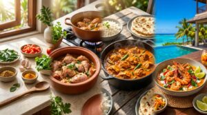 Spiced marinated chicken, a simmered chicken curry served with rice and flatbread, and a prawn version beside a pool