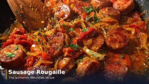 Mauritian sausage rougaille simmering in the pan — recipe from Mauritius