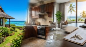 Rental home in Mauritius: sea-view villa, smoke-stained kitchen, water on the floor and keys on a lease document