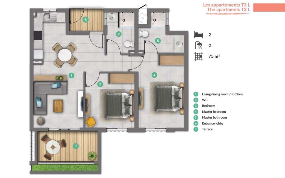 TAMARIN – Résidence senior appartement T3L