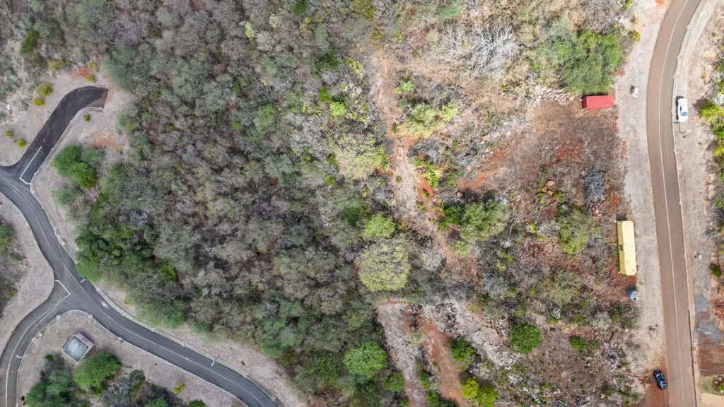 Vue aérienne des voiries et infrastructures viabilisées du lotissement sécurisé Domaine de Palmyre, Rivière Noire