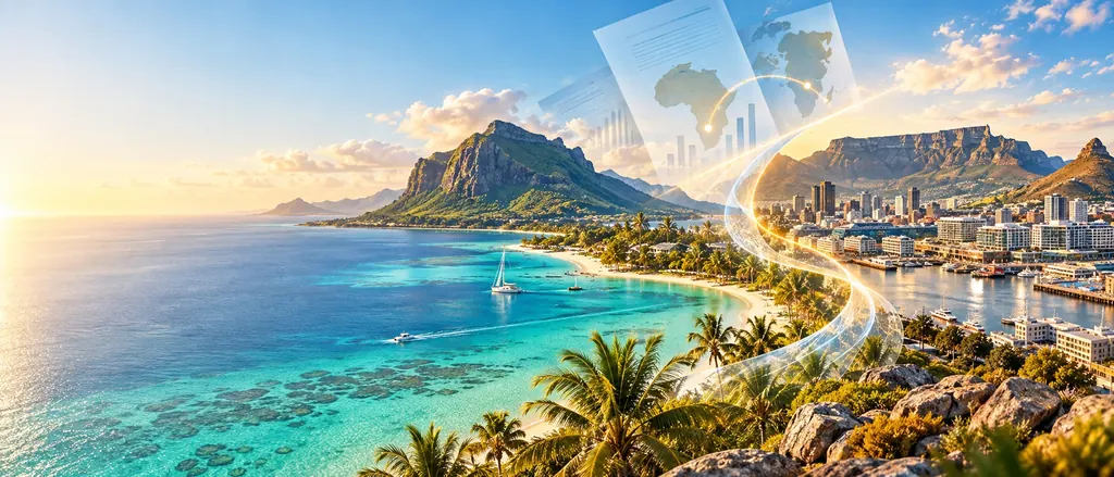 Le Morne et le lagon de l’île Maurice reliés au Cap et à la montagne de la Table, avec des documents fiscaux en surimpression