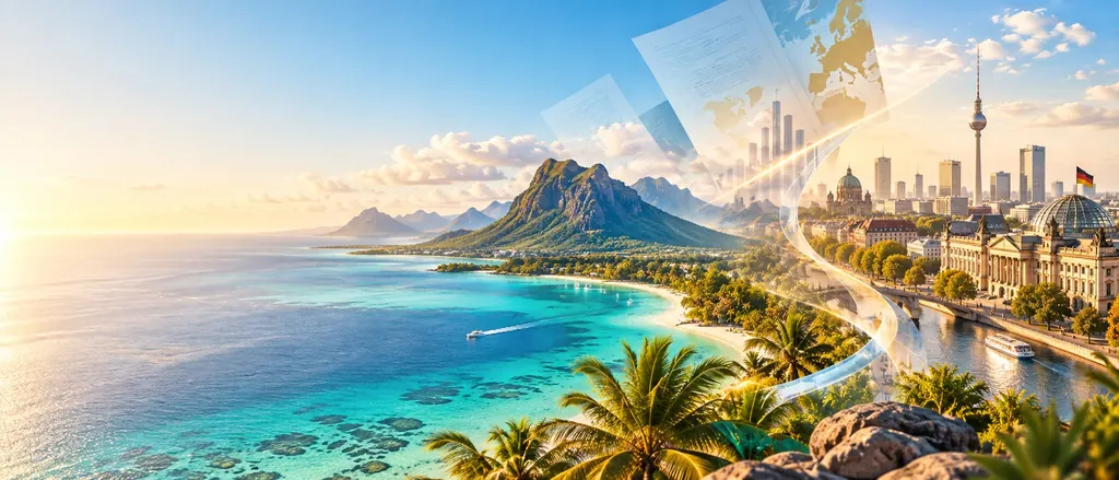Le Morne et le lagon de l’île Maurice reliés à Berlin, avec des documents fiscaux en surimpression