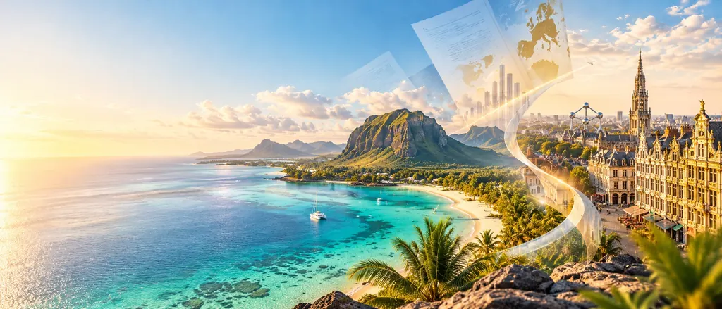 Le Morne et le lagon de l’île Maurice reliés à Bruxelles et à sa Grand-Place, avec des documents fiscaux en surimpression