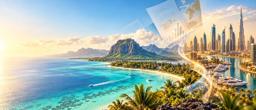 Le Morne et le lagon de l’île Maurice reliés à Dubaï et à ses tours, avec des documents fiscaux en surimpression