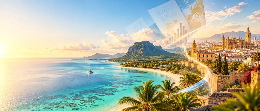 Le Morne et le lagon de l’île Maurice reliés à une ville espagnole et à sa cathédrale, avec des documents fiscaux en surimpression