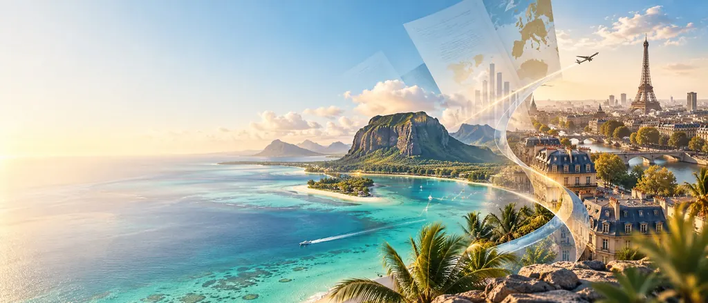 Le Morne et le lagon de l’île Maurice reliés à Paris et à la tour Eiffel, avec des documents fiscaux en surimpression