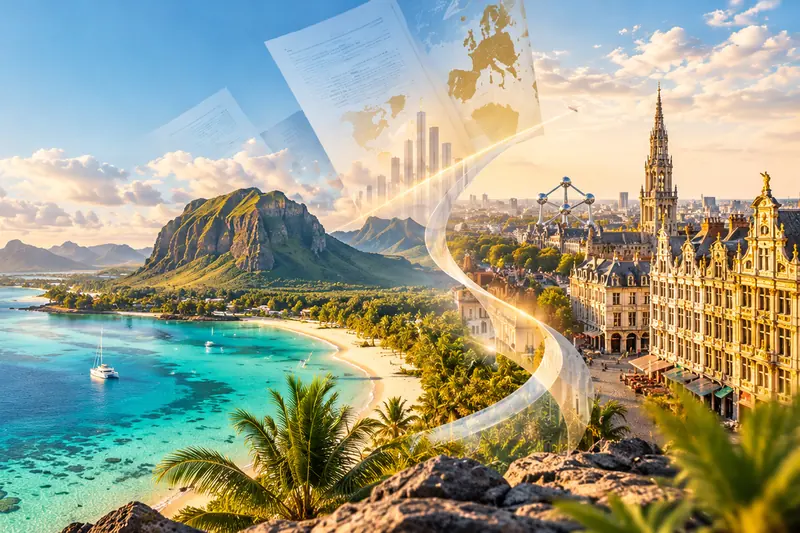 Lagon du Morne, île Maurice, et vue de Bruxelles avec l’Atomium