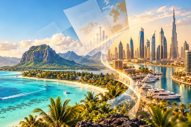 Lagon du Morne, île Maurice, et tours de Dubaï avec la Burj Khalifa