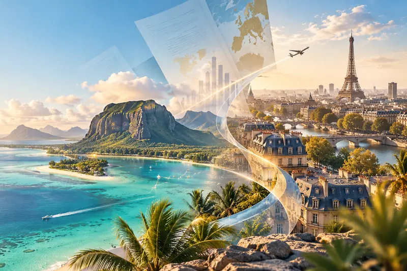 Lagon du Morne, île Maurice, et vue de Paris avec la tour Eiffel