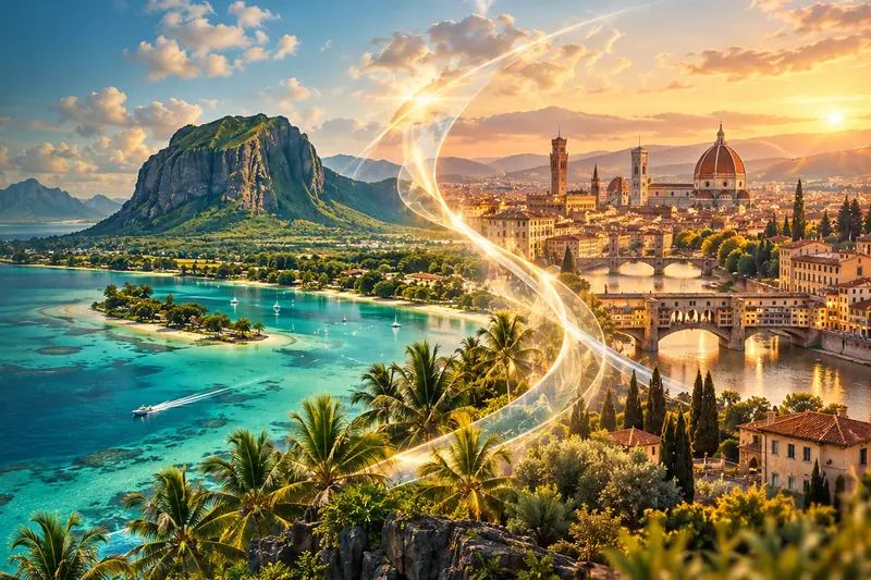 Lagon du Morne, île Maurice, et vue de Florence avec le Duomo et le Ponte Vecchio
