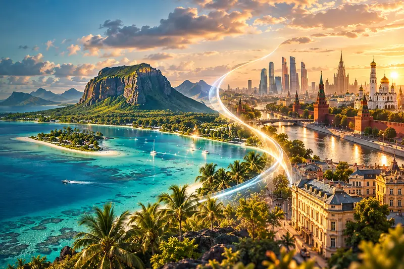 Lagon du Morne, île Maurice, et vue de Moscou avec le Kremlin et ses gratte-ciel