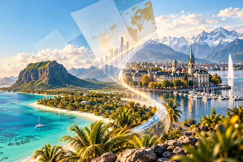 Lagon du Morne, île Maurice, et vue de Genève devant les Alpes