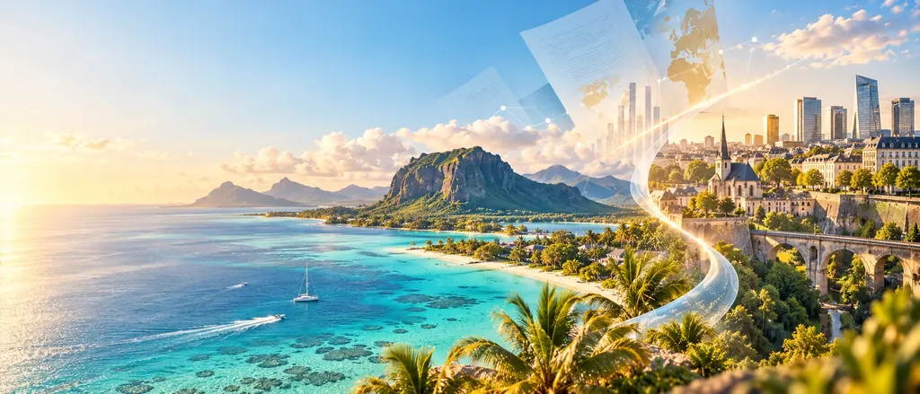 Le Morne et le lagon de l’île Maurice reliés à la ville de Luxembourg, avec des documents fiscaux en surimpression