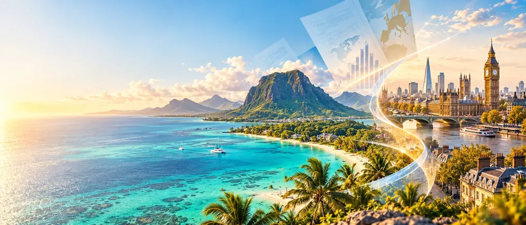Le Morne et le lagon de l’île Maurice reliés à Londres et à Big Ben, avec des documents fiscaux en surimpression