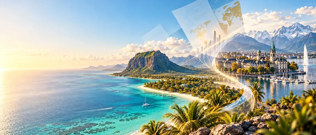 Le Morne et le lagon de l’île Maurice reliés à Genève, à son jet d’eau et aux Alpes, avec des documents fiscaux en surimpression