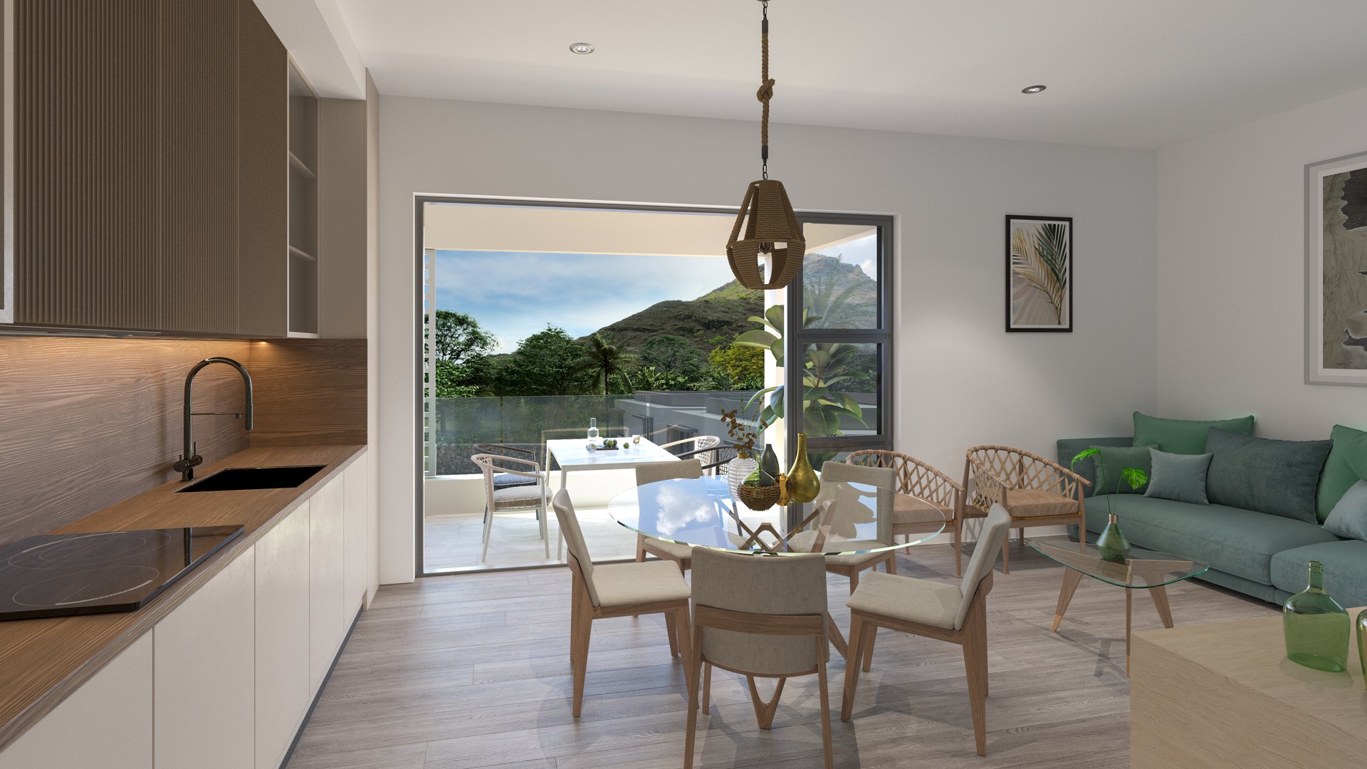 Cuisine d’un appartement Zetwal avec vue sur la montagne, Cap Tamarin