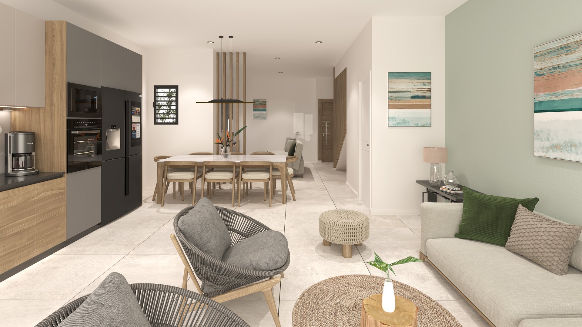 Séjour et cuisine ouverte d’un logement Zetwal, Cap Tamarin