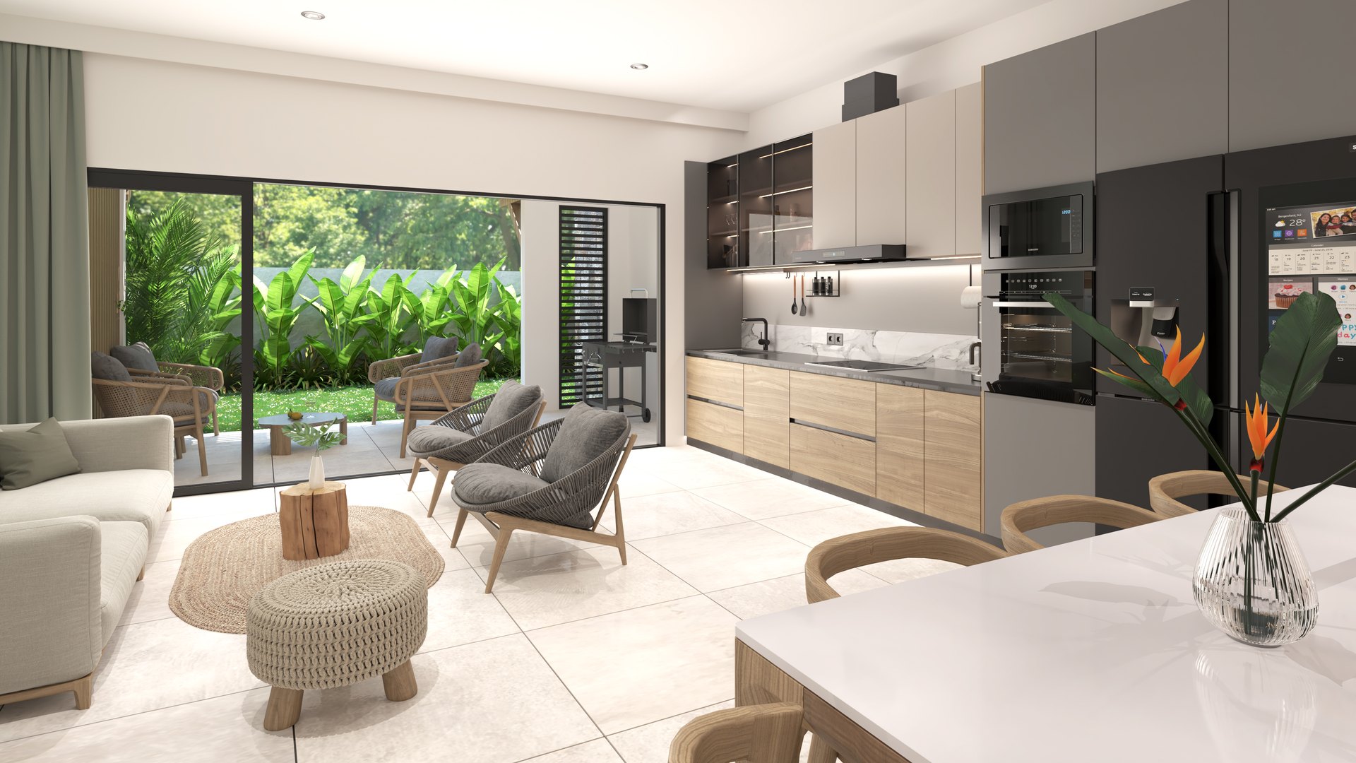 Séjour d’un townhouse Zetwal ouvert sur le jardin, Cap Tamarin