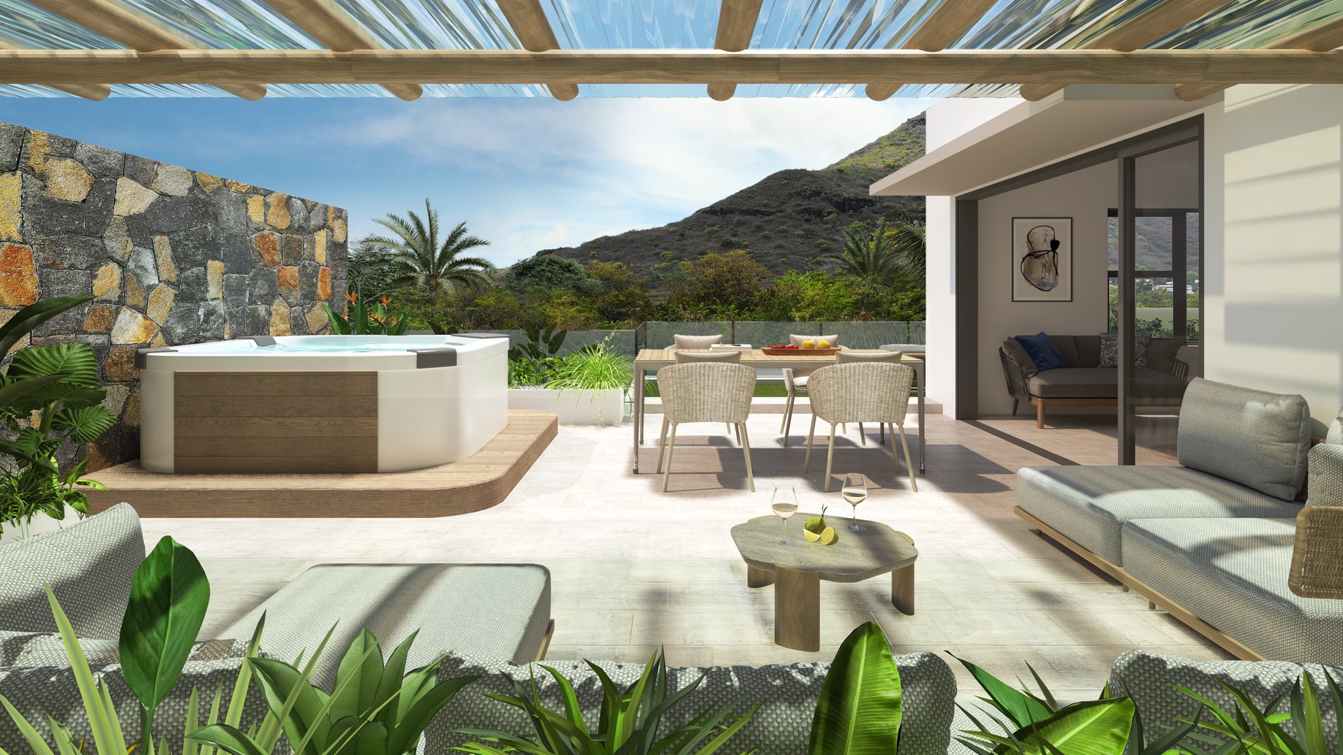 Terrasse d’un penthouse Zetwal à Cap Tamarin avec vue sur la montagne, île Maurice
